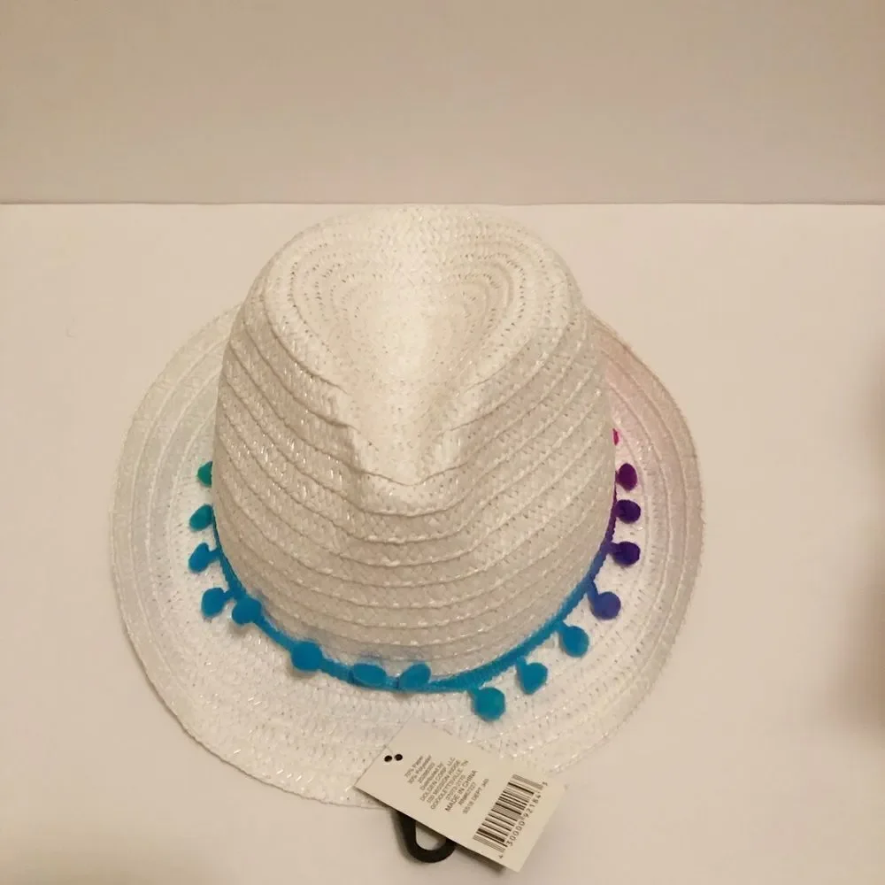 Girls white Fedora‎ with Rainbow Pom Pom’s